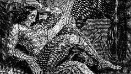 Frankenstein's creature. Engraving by W. Chevalier after Th. von Holst, 1831. Featured as frontispiece to the 1831 edition of Shelley’s novel.